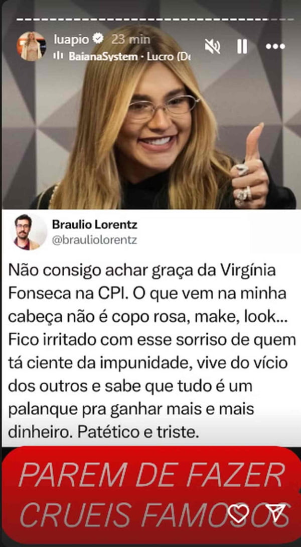 Piovani detona Virginia Fonseca após CPI: “Vive do vício dos outros”