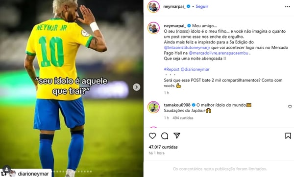 Pai de Neymar defende filho após críticas: “Seu ídolo é o que trai?”