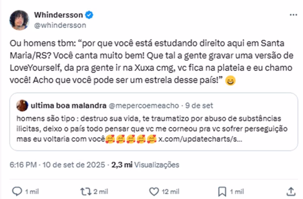 Whindersson é criticado por comentário sobre trajetória de Luísa Sonza